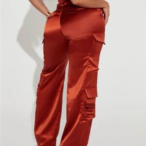 Fashion Nova Rust Satin Cargo Pants